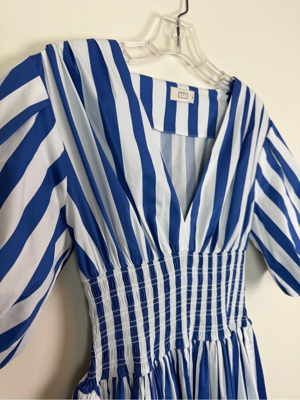 AYR The Extra Extra Puff Sleeve Midi Dress in Marais Blue Regatta Stripe XS - Picture 8 of 16